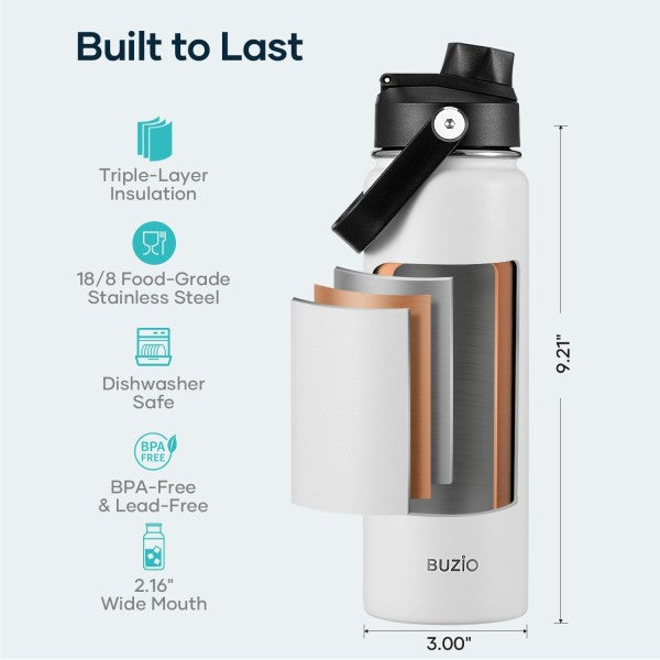 Buzio Duet Series Water Bottle with 2 Lids and Sleeve 700ML - White