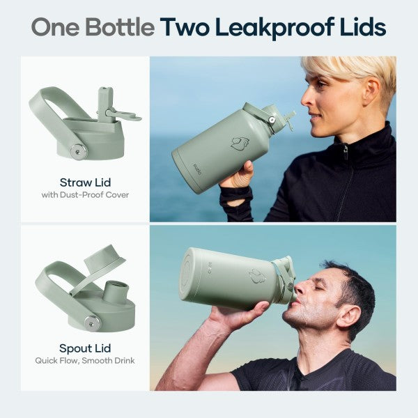 Buzio Duet Series Water Bottle with 2 Lids and Sleeve 1.9L - Green