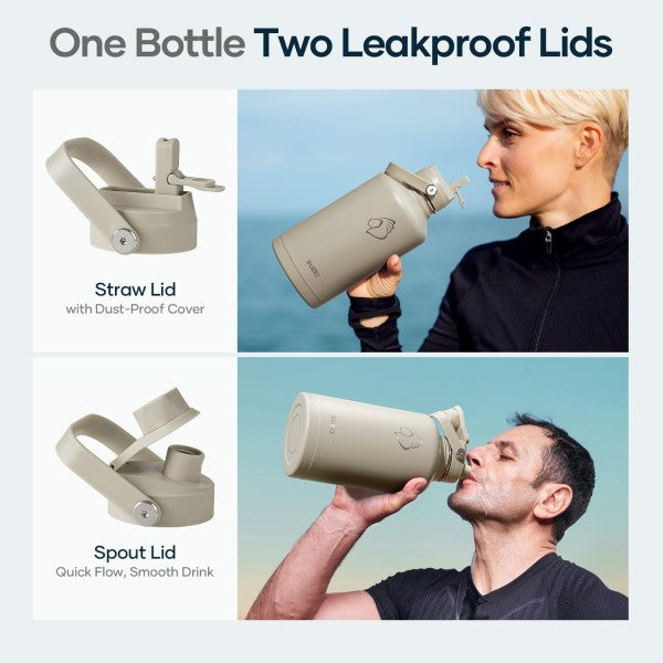 Buzio Duet Series Water Bottle with 2 Lids and Sleeve 1.9L - Beige