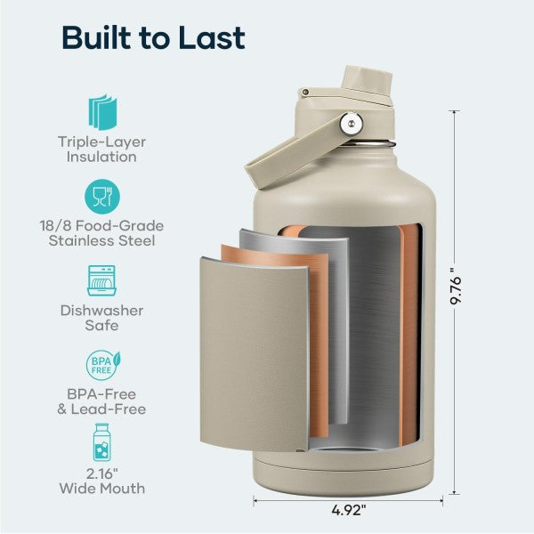 Buzio Duet Series Water Bottle with 2 Lids and Sleeve 1.9L - Beige