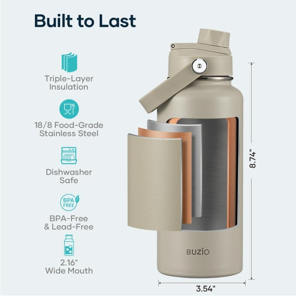 Buzio Duet Series Water Bottle with 2 Lids and Sleeve 1L - Beige