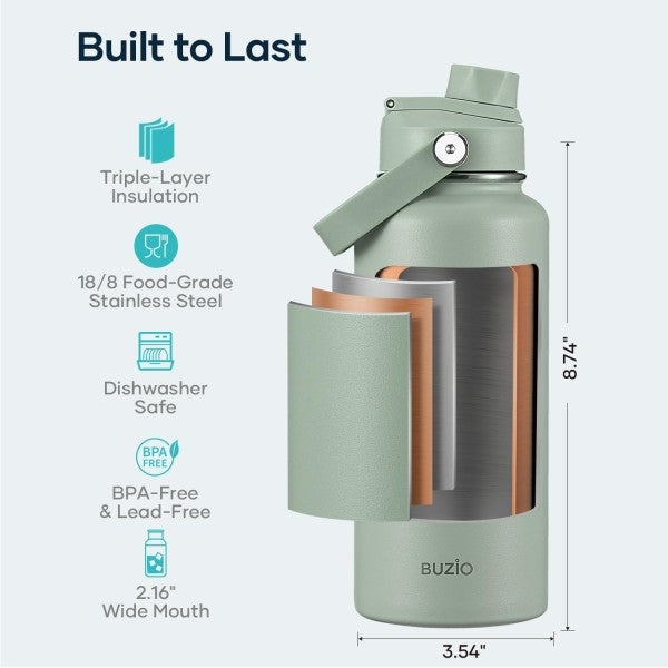 Buzio Duet Series Water Bottle with 2 Lids and Sleeve 1L - Green