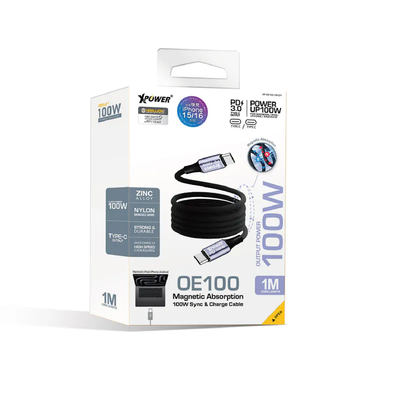 Xpower 1M C to C Magnetic Absorption Zinc Alloy 100W Sync & Charge Cable - Gray
