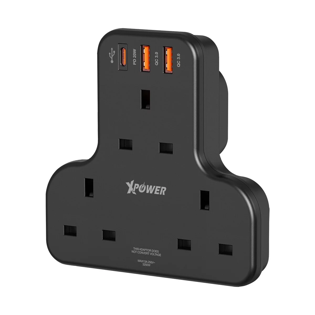 XPower WSS2 PD 20W 3 Outlet T-Shaped Extension Socket - Black