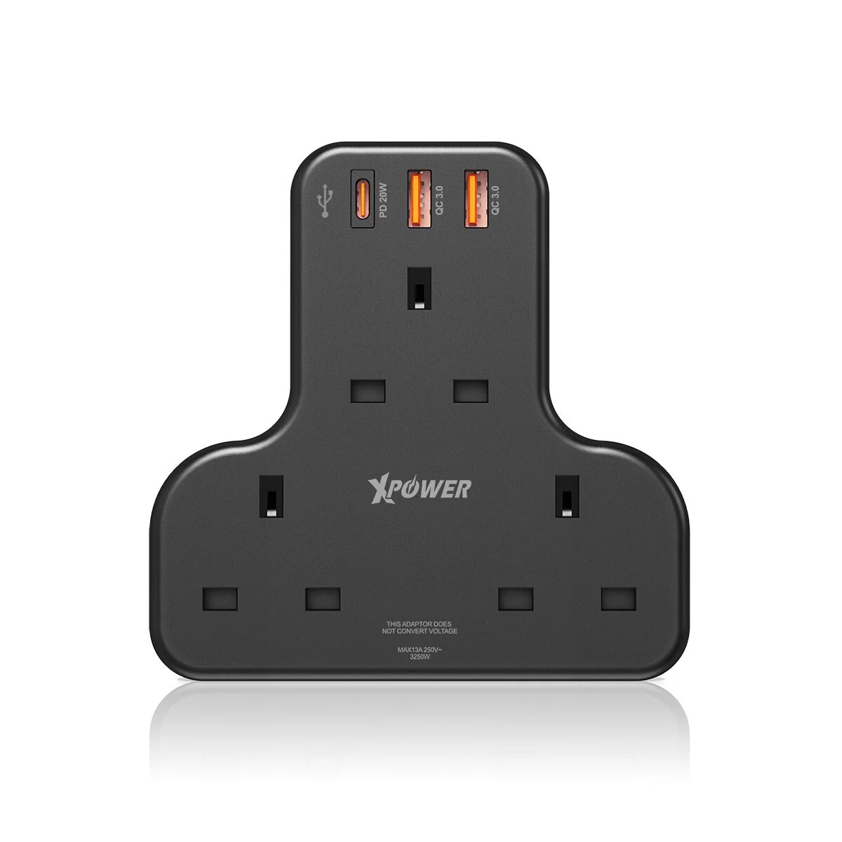 XPower WSS2 PD 20W 3 Outlet T-Shaped Extension Socket - Black
