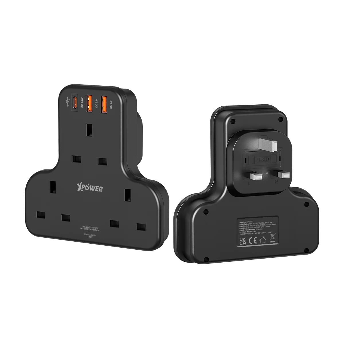 XPower WSS2 PD 20W 3 Outlet T-Shaped Extension Socket - Black