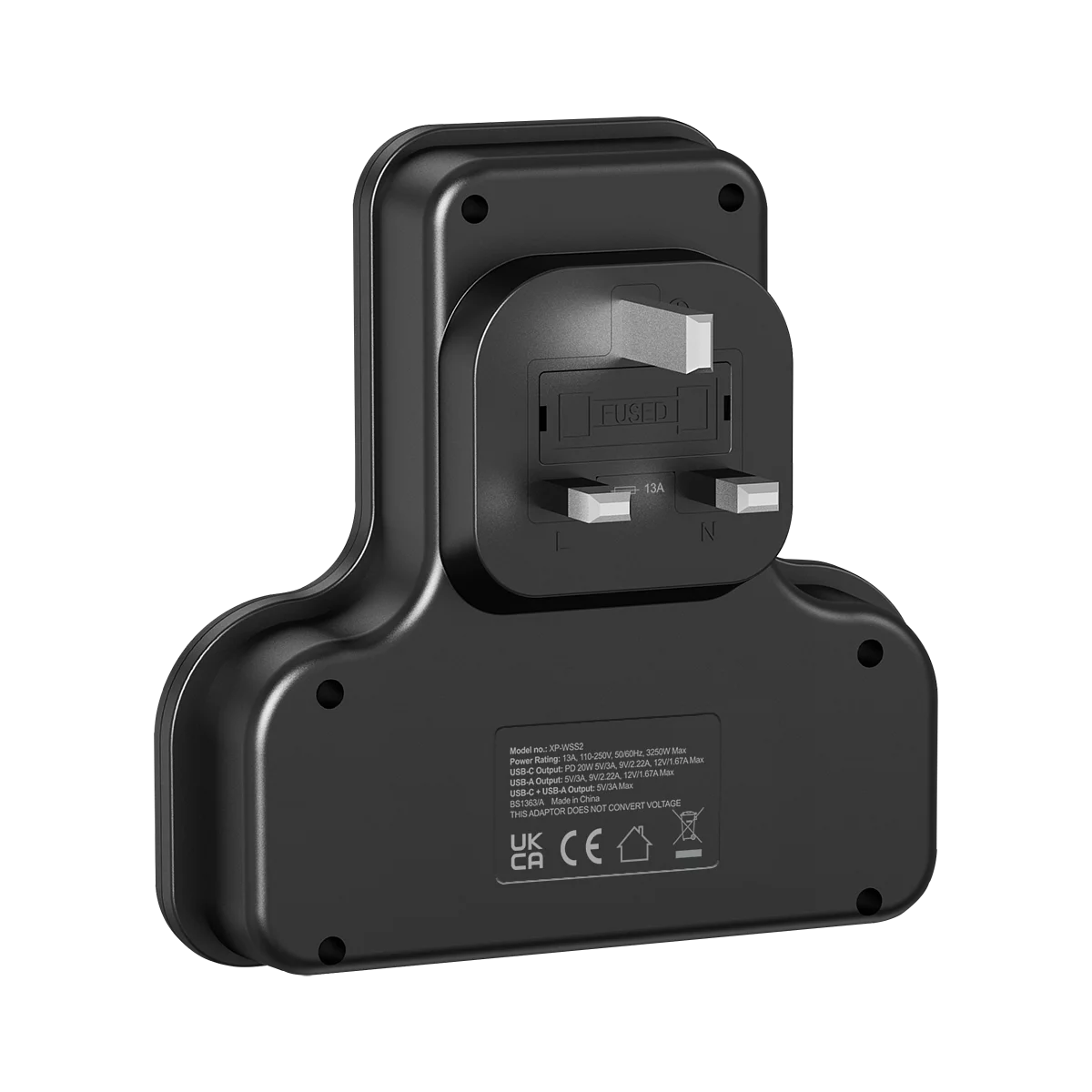 XPower WSS2 PD 20W 3 Outlet T-Shaped Extension Socket - Black