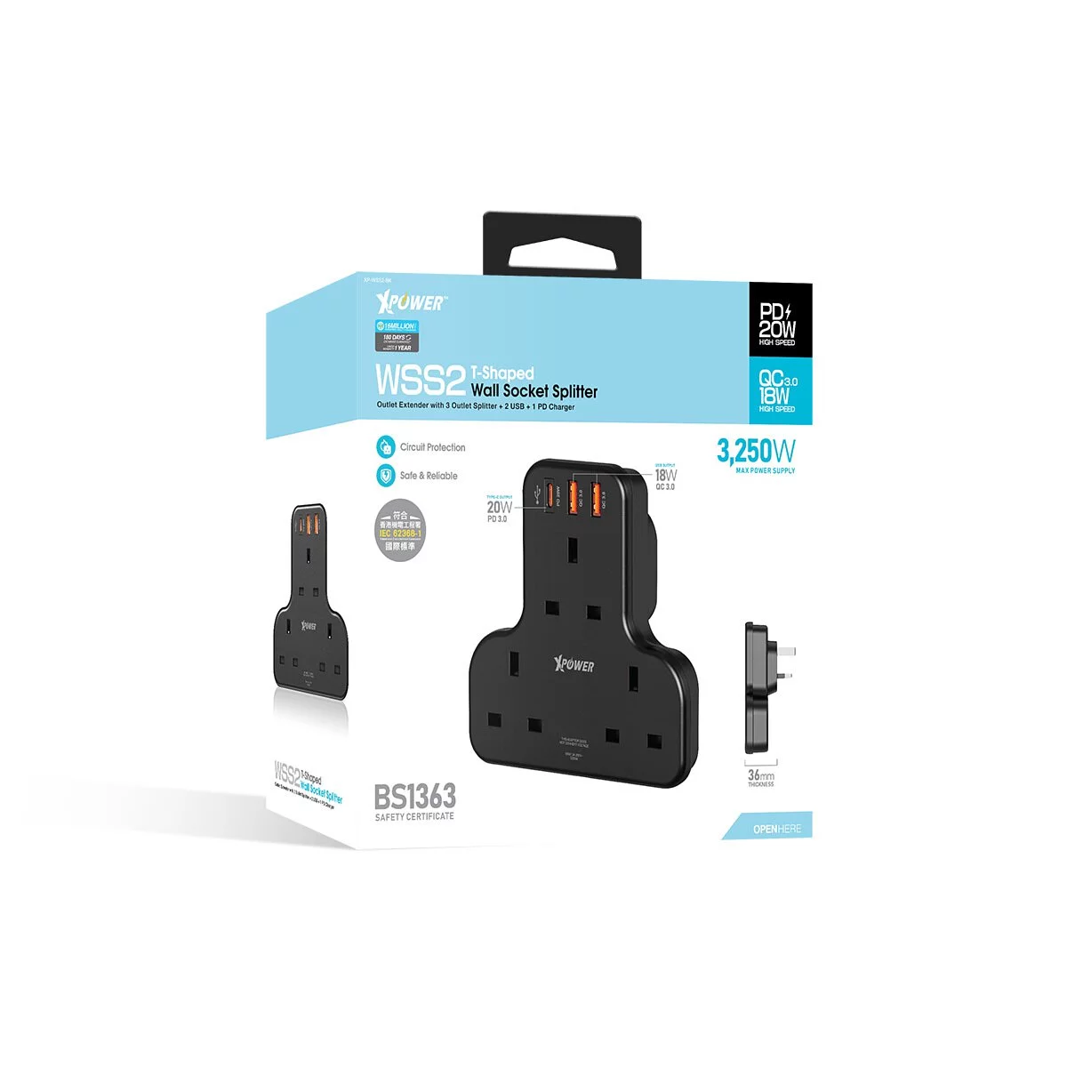XPower WSS2 PD 20W 3 Outlet T-Shaped Extension Socket - Black
