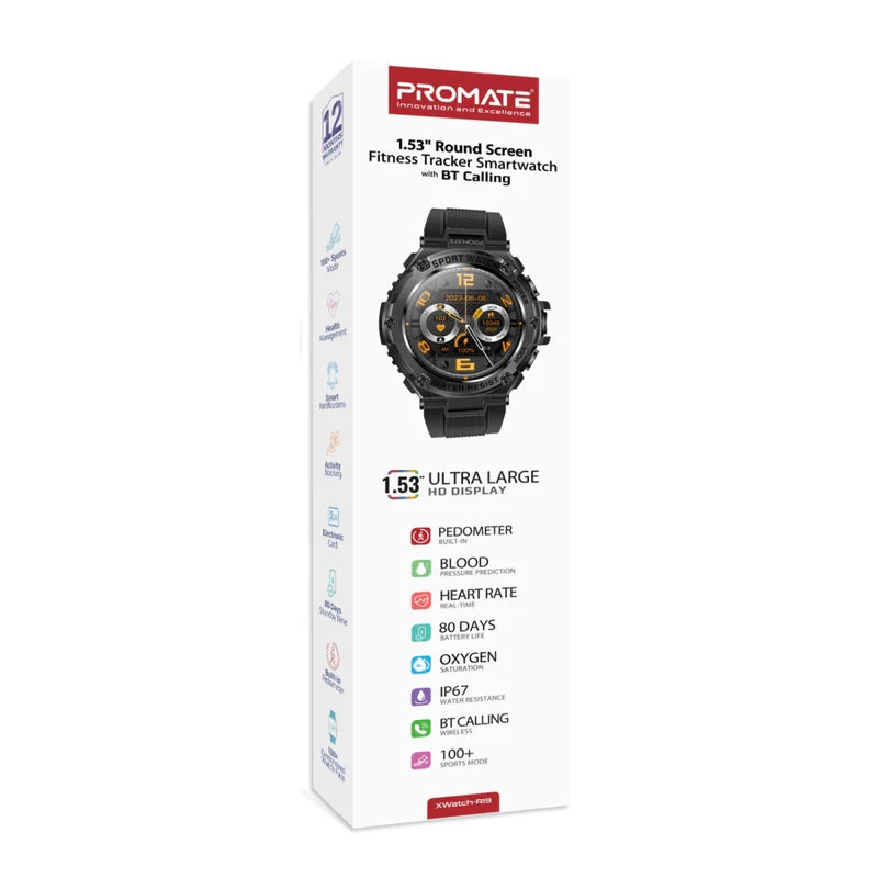 Promate-1.53" Round Screen Fitness Tracker Smartwatch with BT Calling - Black