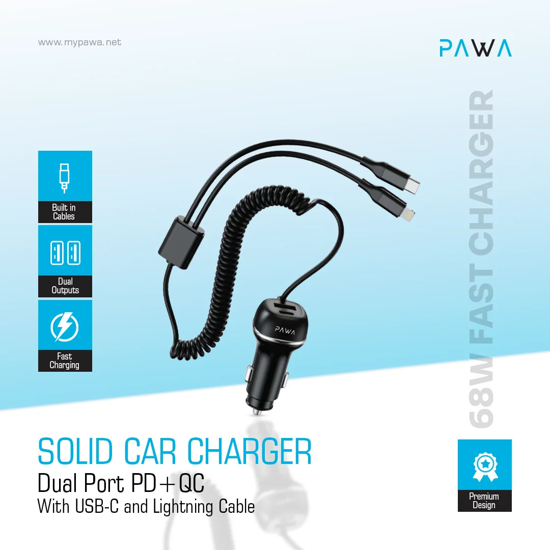 Pawa Solid Car Charger Dual Port PD+QC With Usb-C And Lightning Built-In Cable 68W