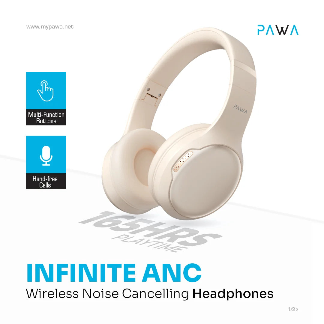 Pawa Infinite ANC Over-Ear Headphone with 165 Hours Playtime - Cream