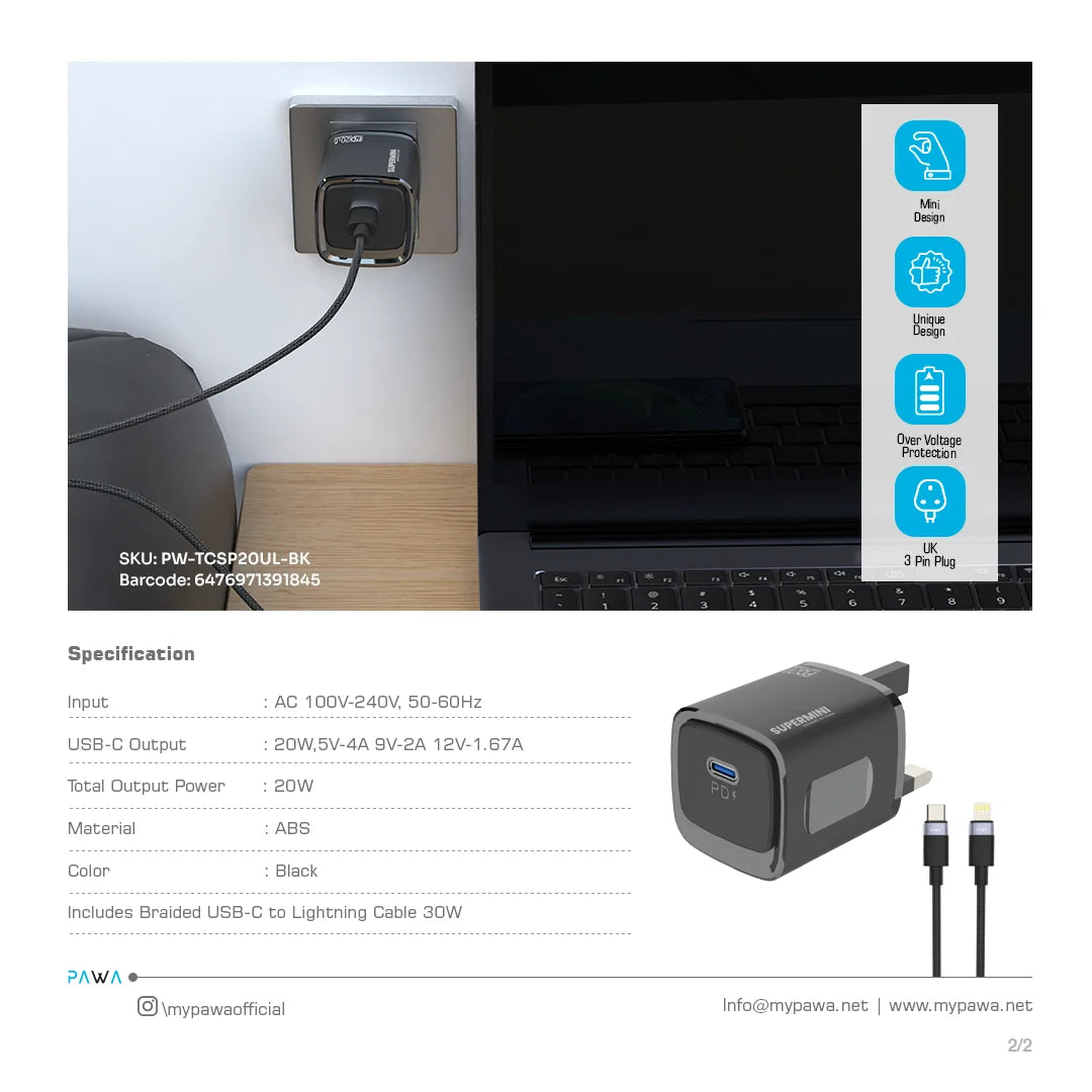 Pawa Supermini Travel Charger Type-C Port PD20W  UK Standard/ Braided Lightning Cable