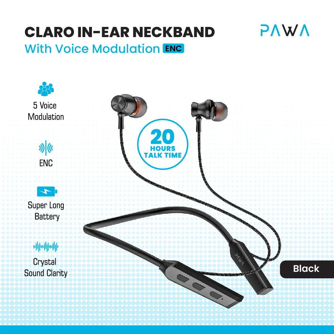 PAWA Claro In-Ear ENC neckband With Voice Modulation - Grey