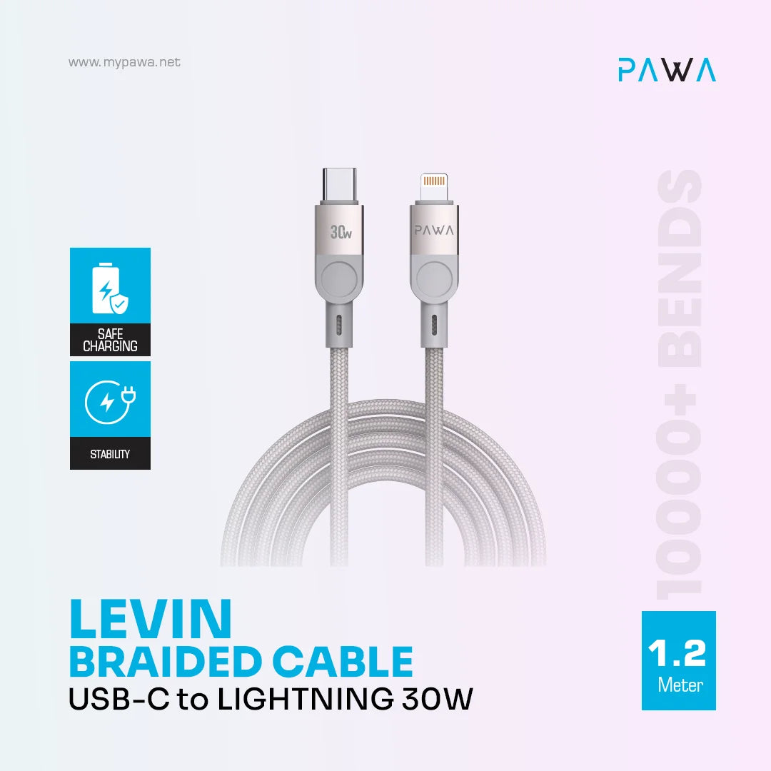 Pawa Levin  USB-C To Lightning Braided Cable 1.2M 30W - Grey Titanium
