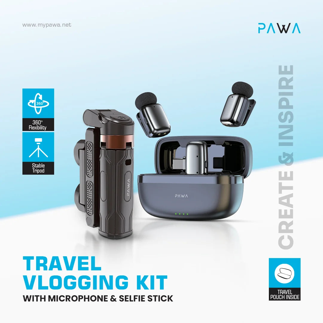 Pawa Travel Vlogging kit with Microphone & Selfie stick