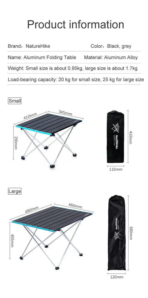 Naturehike FT08 aluminum alloy folding table (Large) - Rock Black (68*46*40.5)