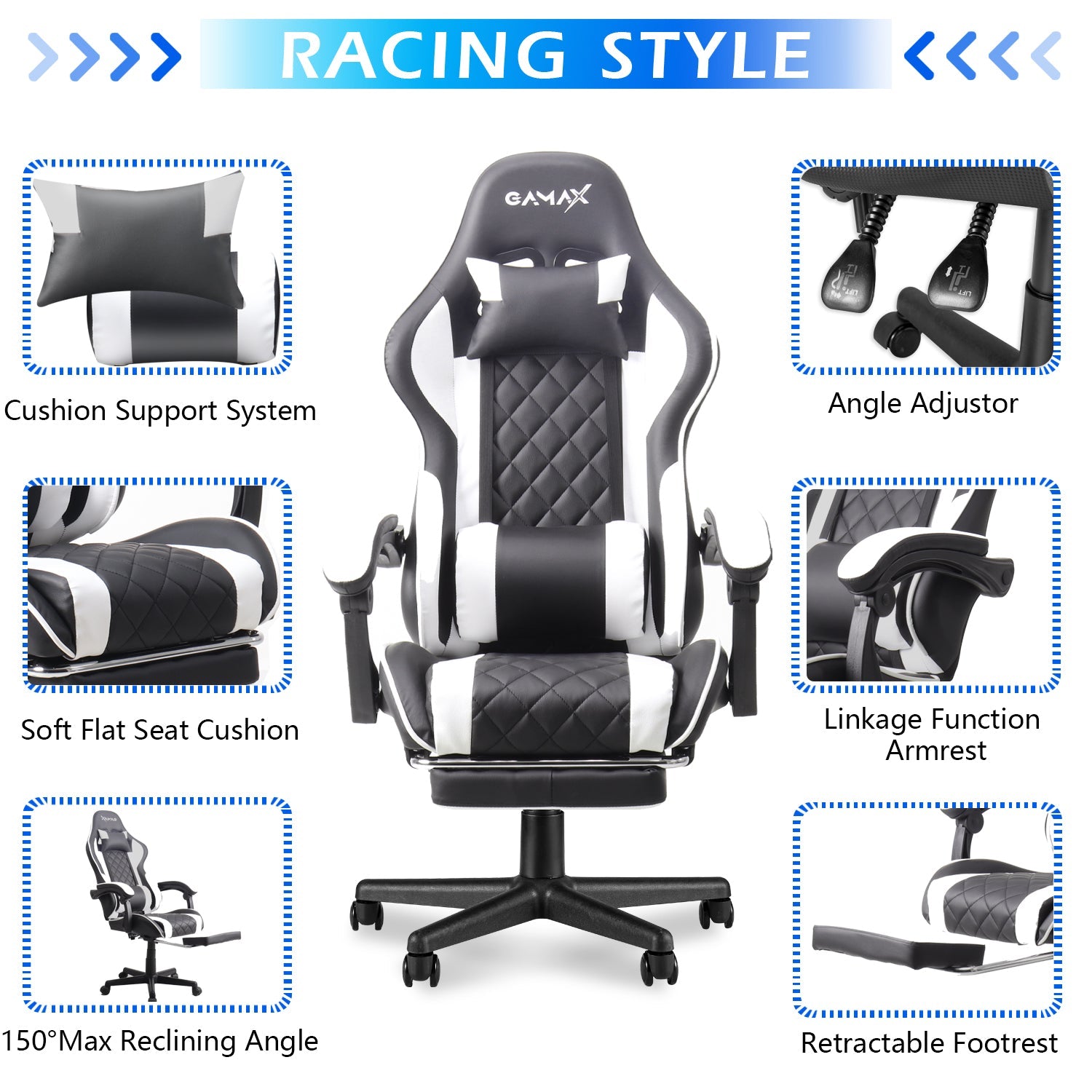 Gamax Gaming Chair Model 1-LT001L مع مسند الذراعين ومسند القدمين الأسود والأبيض.