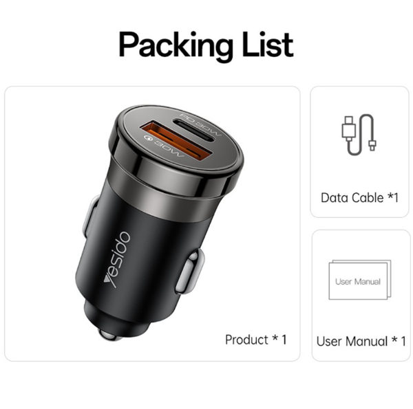 Yesido Y73 Super Fast Car Charger QC3.0+PD 30W with Type-C to Lightning Cable – Black