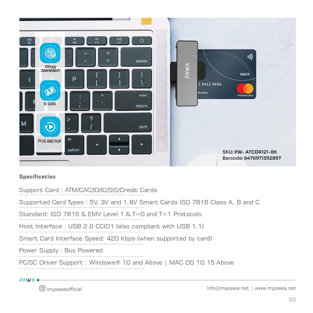 Pawa Mini Single Slot Smart Card Reader with Typec Connector