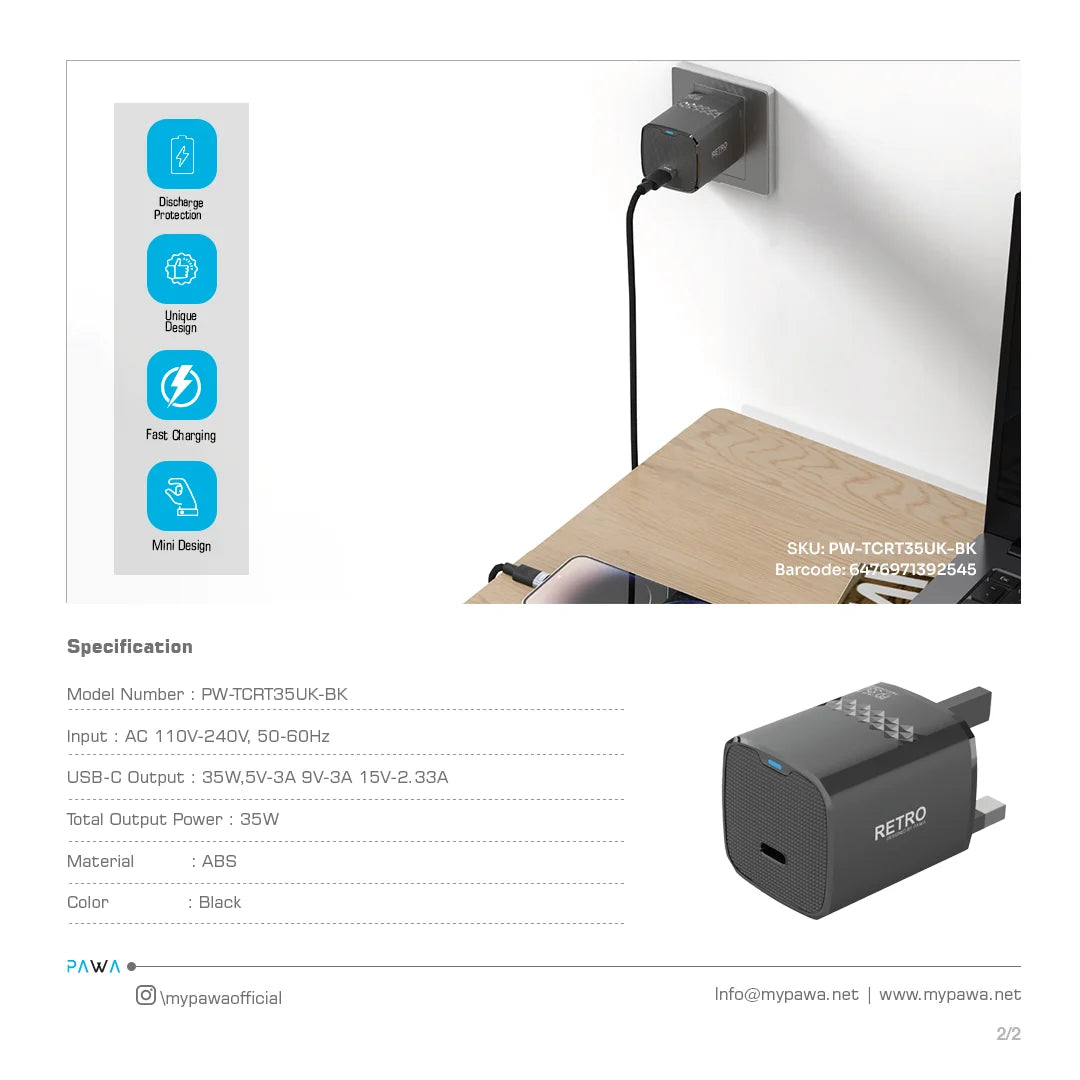 Pawa Retro 35W With Type-C Port Uk Plug - Black
