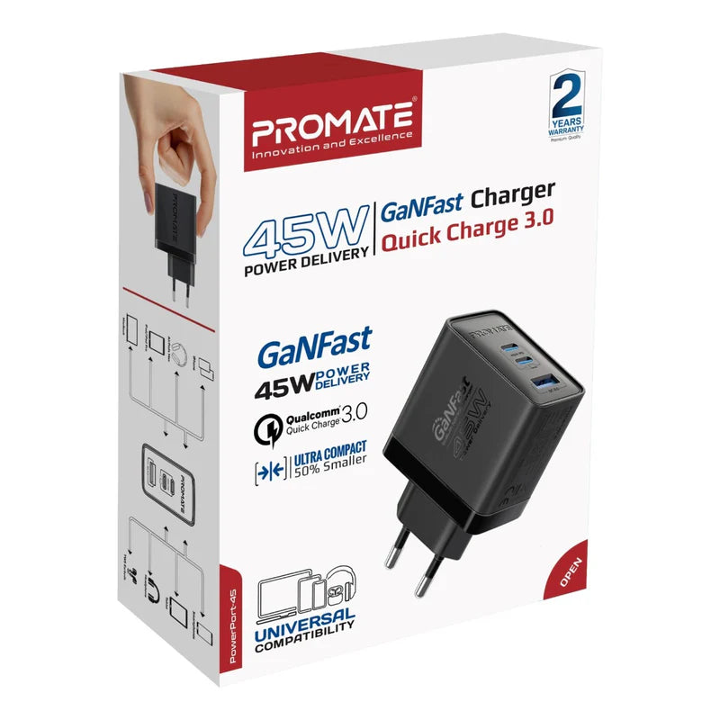 Promate 45W Power Delivery GaNFast™ Charging Adapter  2 x 45W USB-C PD Ports