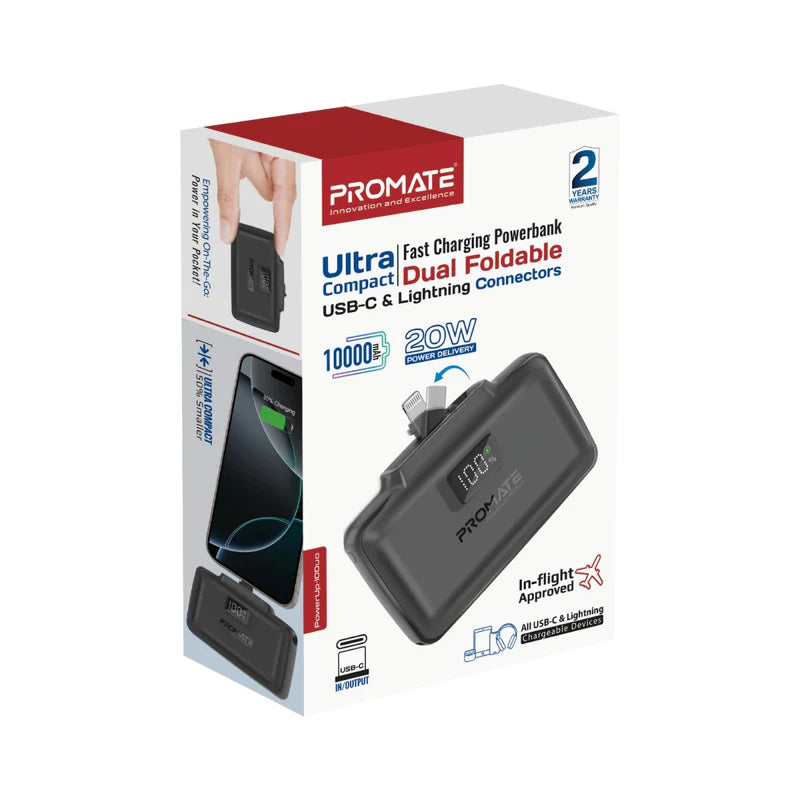 Promate 10000mAh Ultra-Compact fast charging Power Bank-Black