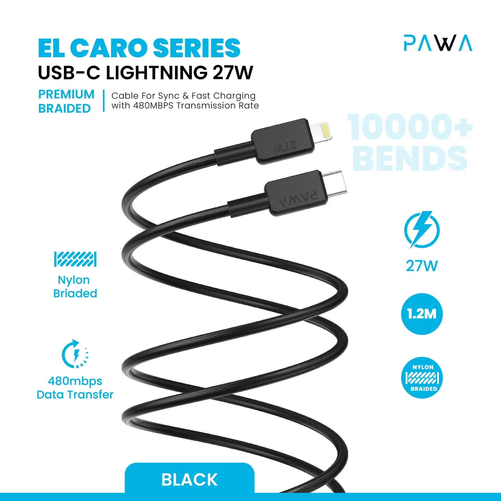 Pawa El-Caro Premium Braided Cable USB-C To Lightning 27W 1.2M - Black