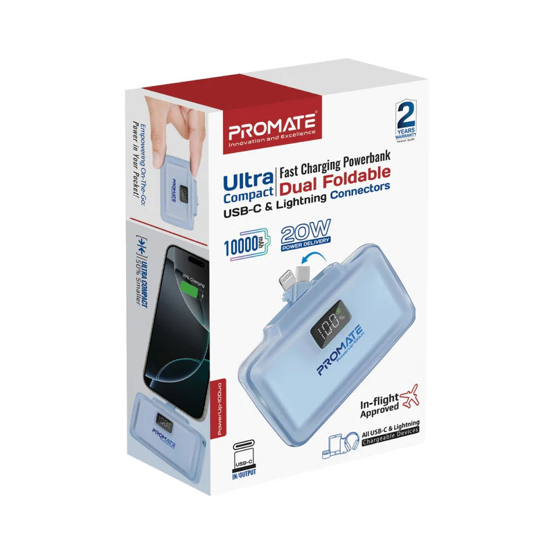 Promate 10000mAh Ultra-Compact fast charging Power Bank-Blue