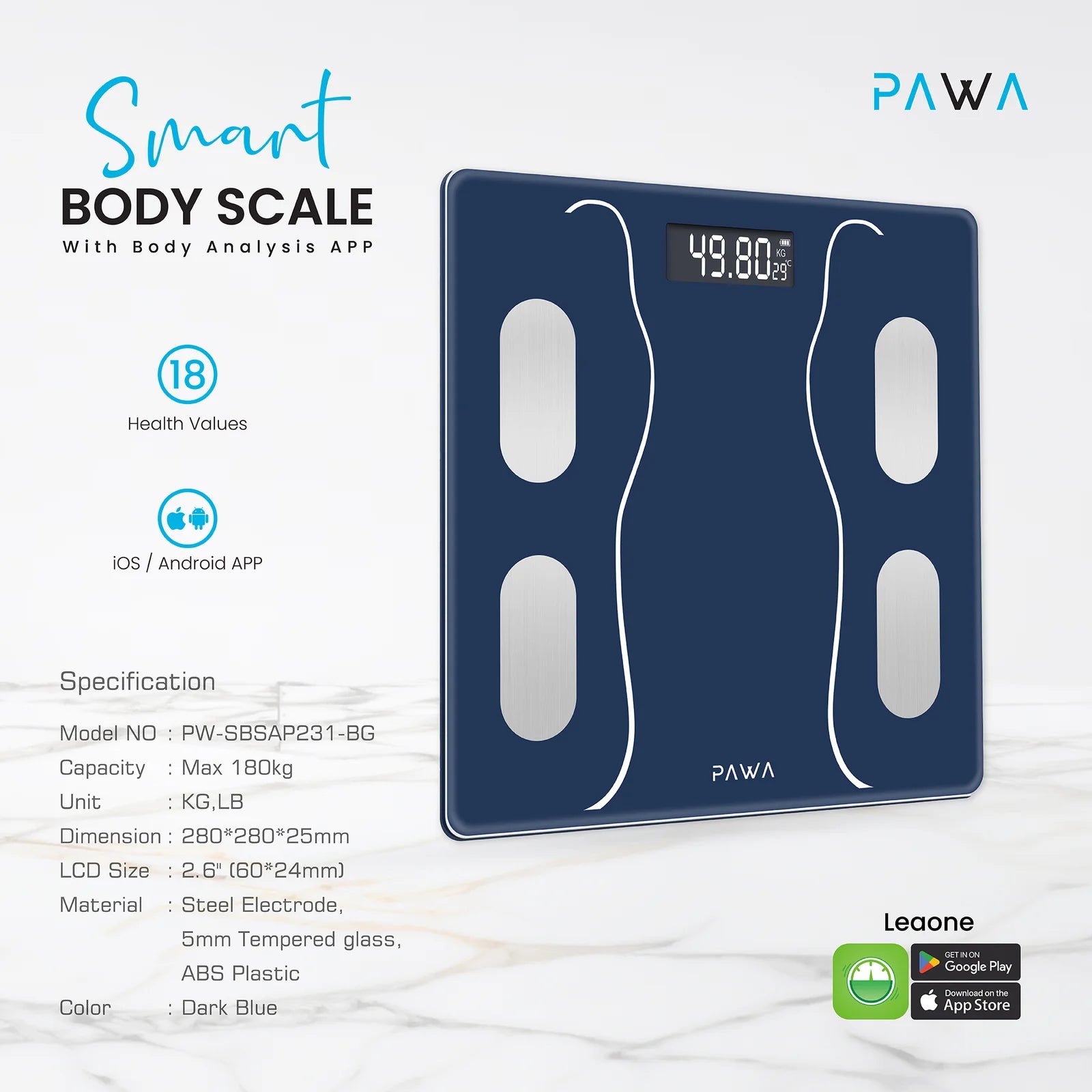 Pawa Smart Body Scale with Body Analysis APP - Blue