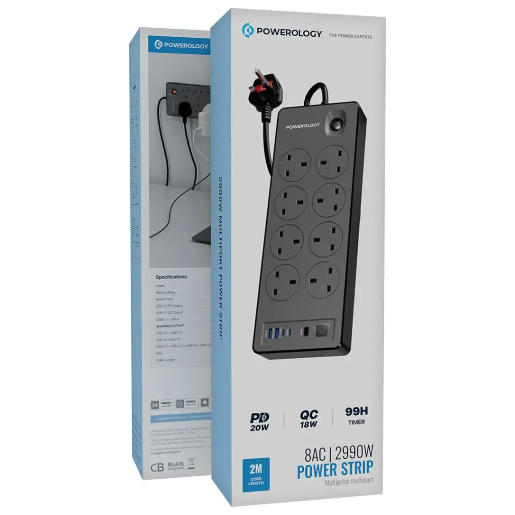 Powerology 8Ac | 2990W Power Strip Pd 20W Black
