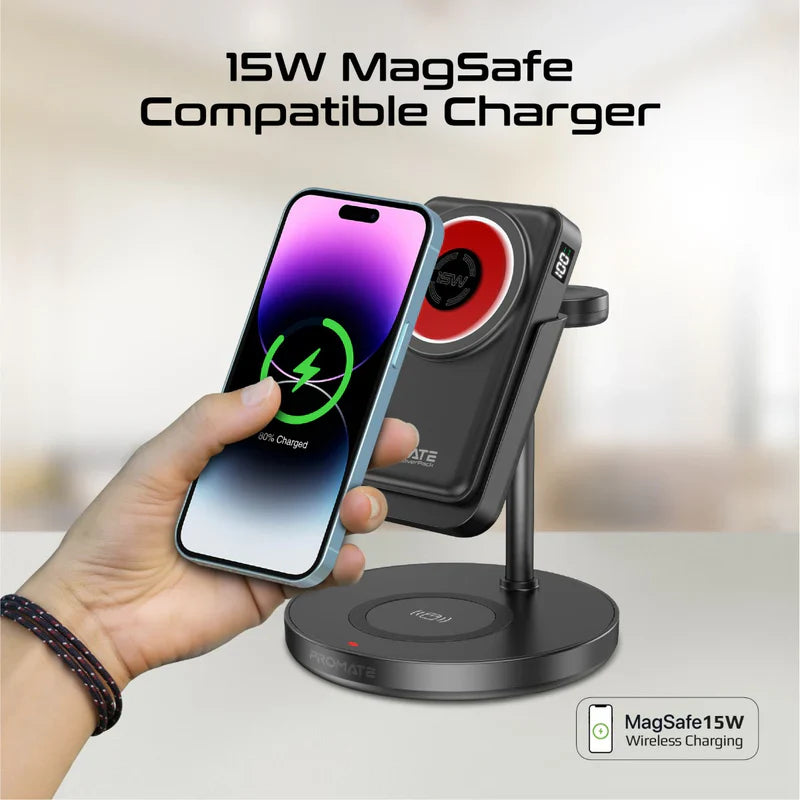 Promate 4-in-1 Charging Station with 15W MagSafe Wireless Charger - Black - TJRKVFT