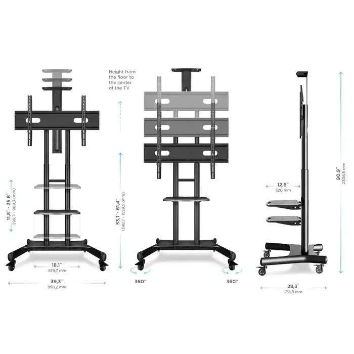 GAMVITY TROLLEY WITH WHEELS ADJUSTABLE HEIGHT MOBILE TV MOUNT STAND HEIGHT ADJUSTABLE LCD SCREEN FLOOR STAND CARTS WITH DVD SHELF (50-86INCH)