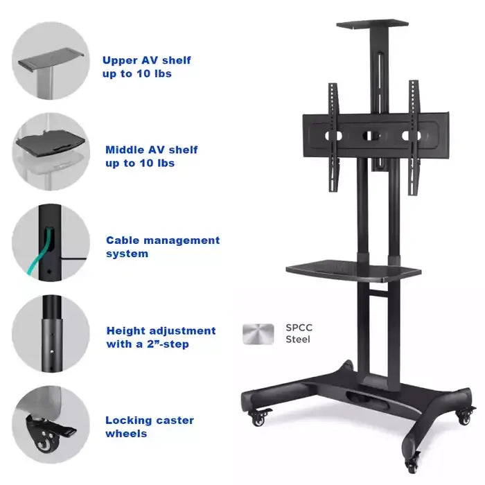 GAMVITY TROLLEY WITH WHEELS ADJUSTABLE HEIGHT MOBILE TV MOUNT STAND HEIGHT ADJUSTABLE LCD SCREEN FLOOR STAND CARTS WITH DVD SHELF (32-70INCH)