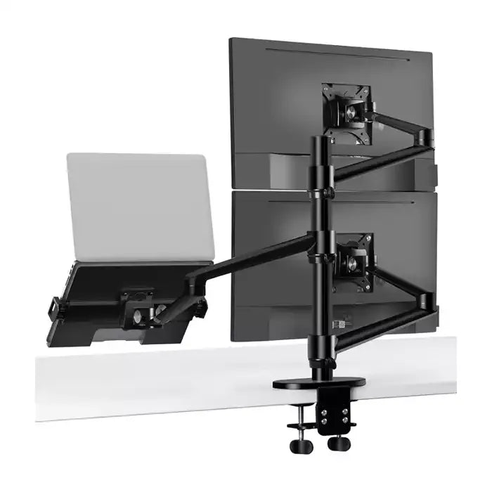 GAMVITY 3-IN-1 ADJUSTABLE TRIPLE MONITOR ARM DESK MOUNTS, DUAL DESK ARM STAND/HOLDER WITH EXTRA TRAY FITS LAPTOPS