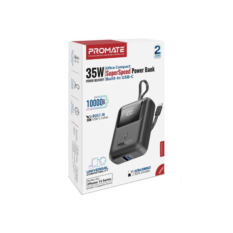 Promate 10000mAh Ultra Compact 35W Power Bank with USB-C - Black - TJR7L2S