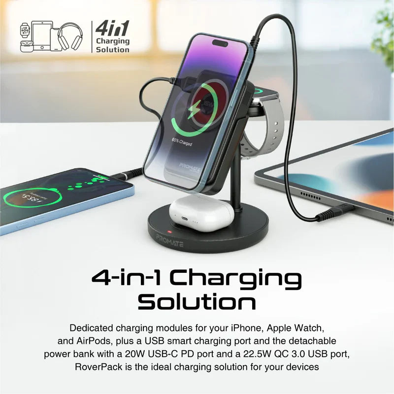 Promate 4-in-1 Charging Station with 15W MagSafe Wireless Charger - Black - TJRKVFT