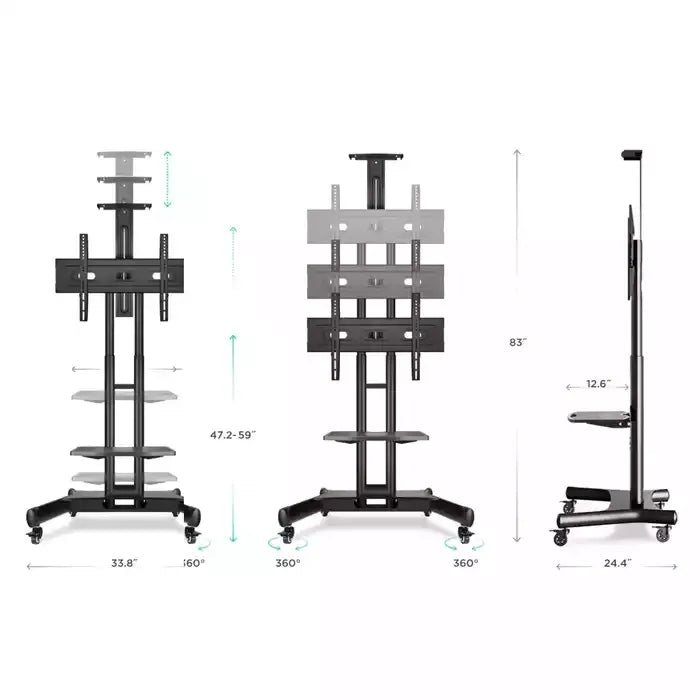 GAMVITY TROLLEY WITH WHEELS ADJUSTABLE HEIGHT MOBILE TV MOUNT STAND HEIGHT ADJUSTABLE LCD SCREEN FLOOR STAND CARTS WITH DVD SHELF (32-70INCH)