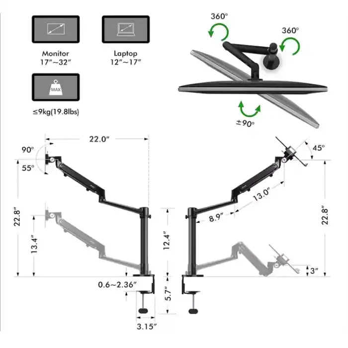 GAMVITY ADJUSTABLE HEIGHT ALUMINUM GAS SPRING MONITOR ARM FOR LAPTOP AND MONITOR OL-1S PRO - SILVER