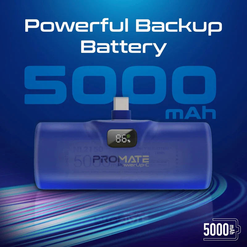 Promate 5000mAh Ultra-Compact Fast Charging Power Bank with USB-C - Blue - TJR3KEH