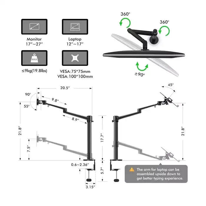 GAMVITY 3-IN-1 ADJUSTABLE TRIPLE MONITOR ARM DESK MOUNTS, DUAL DESK ARM STAND/HOLDER WITH EXTRA TRAY FITS LAPTOPS