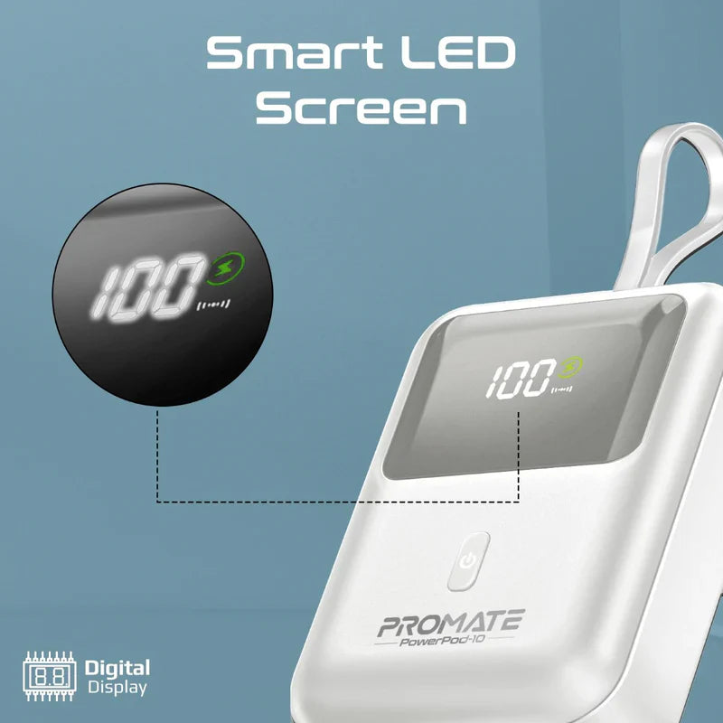 PROMATE 10000MAH Ultra Compact 35W POWER BANK مع USB -C المدمج - WHITE - TJR6LX2