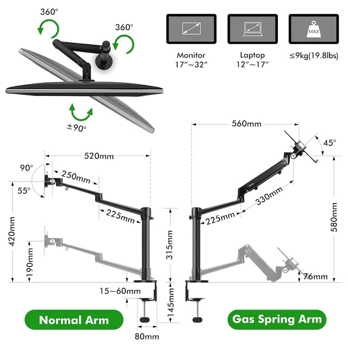 Gamvity Aluminum Monitor Mount Gas Spring Arm + Laptop Holder Stand - Black
