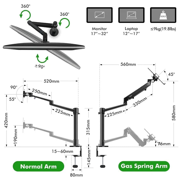 GAMVITY ALUMINUM HEIGHT ADJUST DESKTOP 17-32 INCH MONITOR MOUNT GAS SPRING ARM+12-17 INCH LAPTOP HOLDER STAND FULL MOTION OL-3L PRO- BLACK