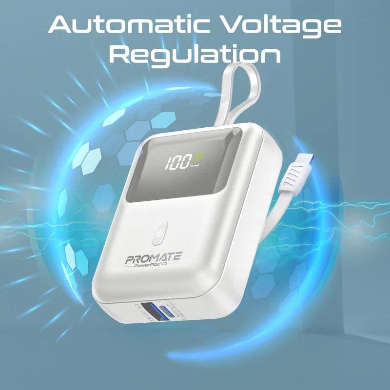 PROMATE 10000MAH Ultra Compact 35W POWER BANK مع USB -C المدمج - WHITE - TJR6LX2