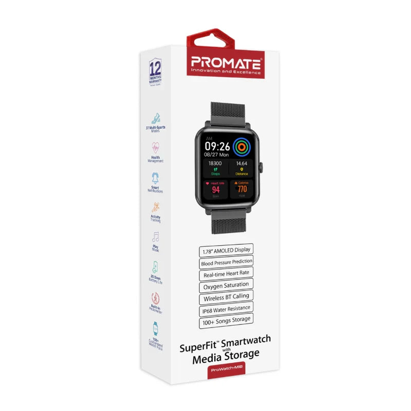 Promate IP68 Fitness Tracker with 1.78" AMOLED Display - Graphite - TJR4N29