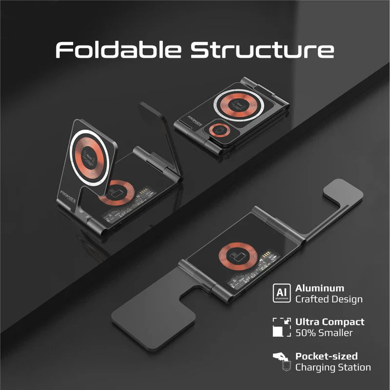 Promate AuraFold-Trio Ultra-Slim Transparent Foldable 15W MagSafe Charger - Black - TJR2CLH