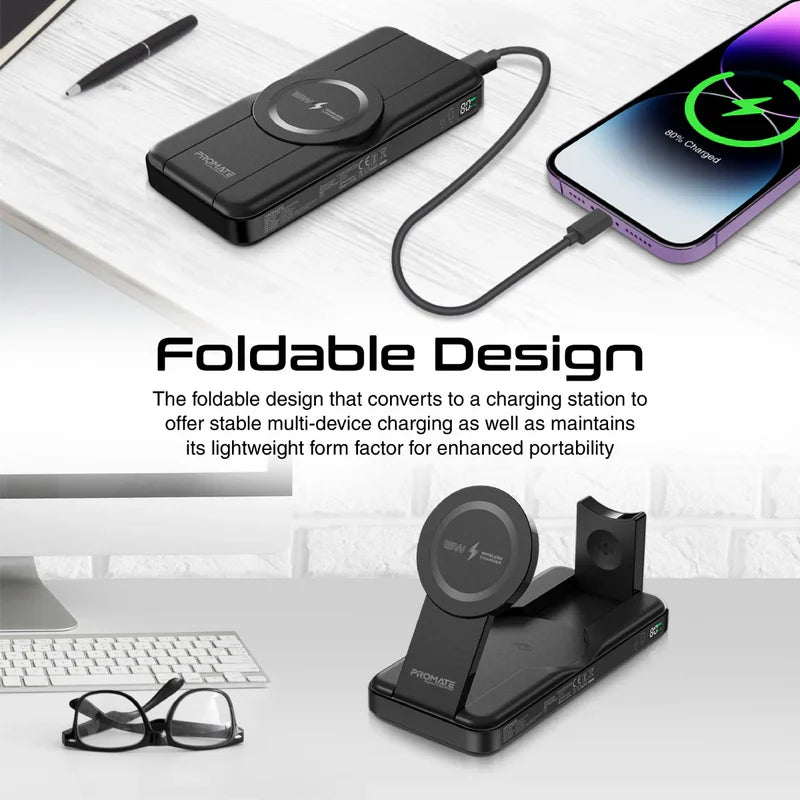 Promate 10000mAh 5-in-1 Foldable MagSafe Wireless Charger - Black - TJRENSD