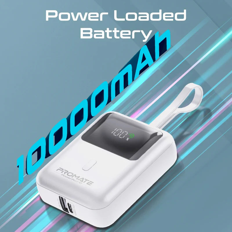 Promate 10000mAh Ultra Compact 35W Power Bank with Built-In USB-C - White - TJR6LX2