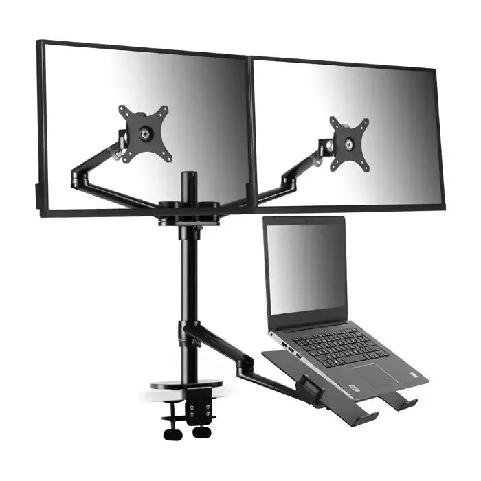 GAMVITY 3-IN-1 ADJUSTABLE TRIPLE MONITOR ARM DESK MOUNTS, DUAL DESK ARM STAND/HOLDER WITH EXTRA TRAY FITS LAPTOPS