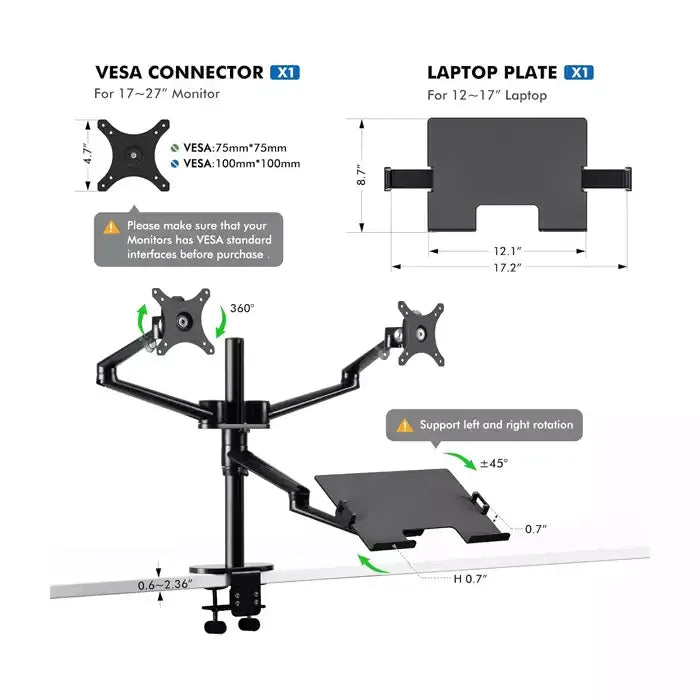 GAMVITY 3-IN-1 ADJUSTABLE TRIPLE MONITOR ARM DESK MOUNTS, DUAL DESK ARM STAND/HOLDER WITH EXTRA TRAY FITS LAPTOPS